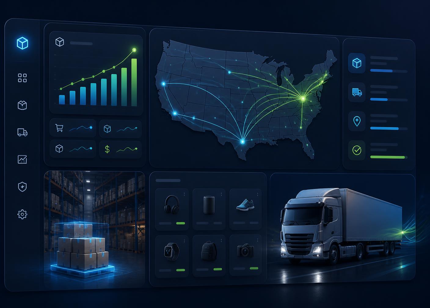 Mehedi Outlet warehouse dashboard showing US shipping routes, live order analytics, and same-day fulfillment